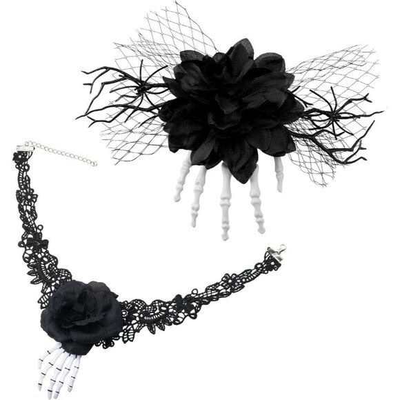 Gothic Halloween Accessories Set Black Lace Choker Skeleton Hand Hair Clip main image 5